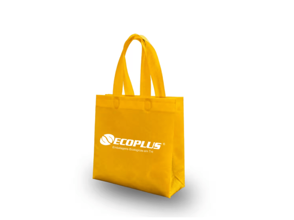 Ecobag amarela da Ecoplus com alças reforçadas e logotipo branco, exemplo de sacola reutilizável para conservação e limpeza. Tudo para explicar como lavar ecobag.