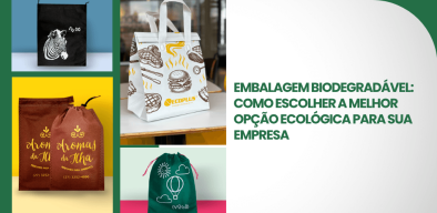 Capa do artigo sobre embalagem biodegradável, com fotos de sacolas personalizadas e título sobre opções ecológicas para empresas.
