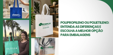 Capa do artigo sobre polipropileno ou polietileno, com fotos de sacolas personalizadas e título sobre materiais para embalagens.