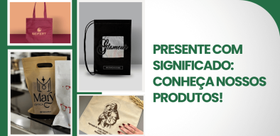 Montagem com embalagens personalizadas reutilizáveis, destacando opções de presente com significado que unem identidade, utilidade e valor emocional.