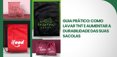 Capa de guia sobre como lavar TNT reúne diferentes sacolas personalizadas e destaca cuidados para aumentar sua durabilidade.