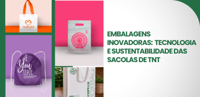 Montagem com diferentes modelos de sacolas de TNT personalizadas ilustrando inovação, tecnologia e sustentabilidade em embalagens reutilizáveis.