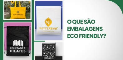 Montagem com sacolas e embalagens reutilizáveis em TNT personalizadas, exemplificando o que são embalagens eco friendly usadas por marcas sustentáveis.